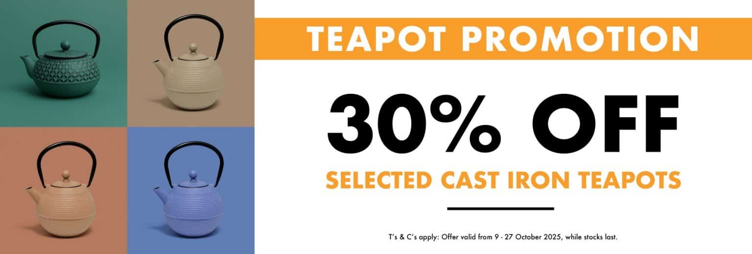 Cast iron teapot promotion with 30% discount on selected models, featuring stylish designs and vibrant colours, perfect for tea enthusiasts.