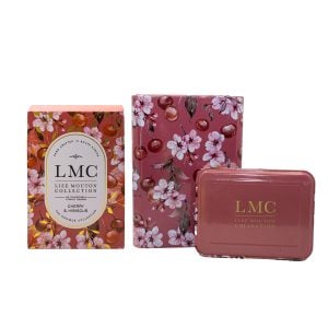 Vibrant cherry and hibiscus tea packaging with floral patterns, ideal for eco-friendly, handcrafted South African herbal teas from Carmién Tea.