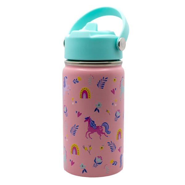 Vibrant pink water bottle adorned with colourful unicorns, rainbows, hearts and flowers, featuring a turquoise lid with a secure handle, perfect for kids who love whimsical and magical designs.