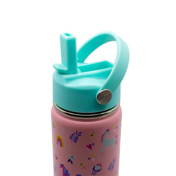Colourful children's thermos with a blue lid featuring a safety latch and a pink body decorated with unicorns, rainbows, and hearts, ideal for kids' healthy drinks on the go.