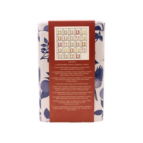 Rich rooibos tea blends with natural ingredients like lemongrass, cherry, hibiscus, and vanilla, available in beautifully designed packaging, promoting wellness and traditional South African tea culture.