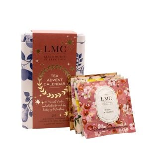 Richly illustrated tea advent calendar with individually packaged pyramid teabags featuring flavours like cherry and hibiscus, offering a delightful South African herbal tea experience.