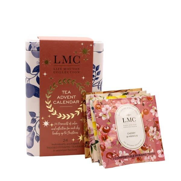 Richly illustrated tea advent calendar with individually packaged pyramid teabags featuring flavours like cherry and hibiscus, offering a delightful South African herbal tea experience.
