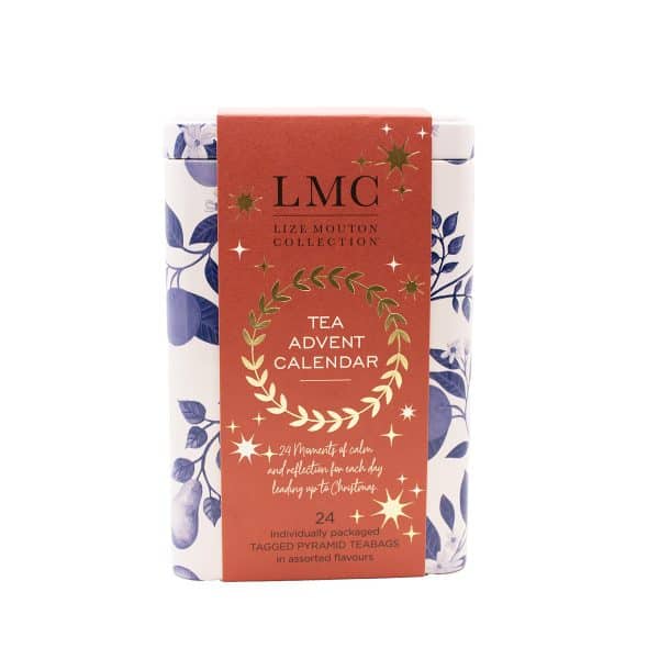 Delicious Carmién Tea Advent Calendar with 24 days of calming herbal teas, beautifully packaged with blue and white botanical design, perfect for a festive holiday experience.