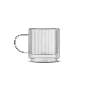 Elegant clear glass mug with vertical ribbed design, perfect for serving Carmién Tea and enhancing your tea-drinking experience.