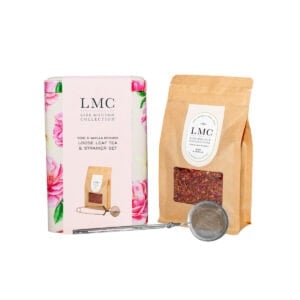 Carmién Tea Rose & Vanilla Rooibos loose leaf tea set with strainer, ideal for health-conscious tea lovers seeking natural, aromatic rooibos blends.