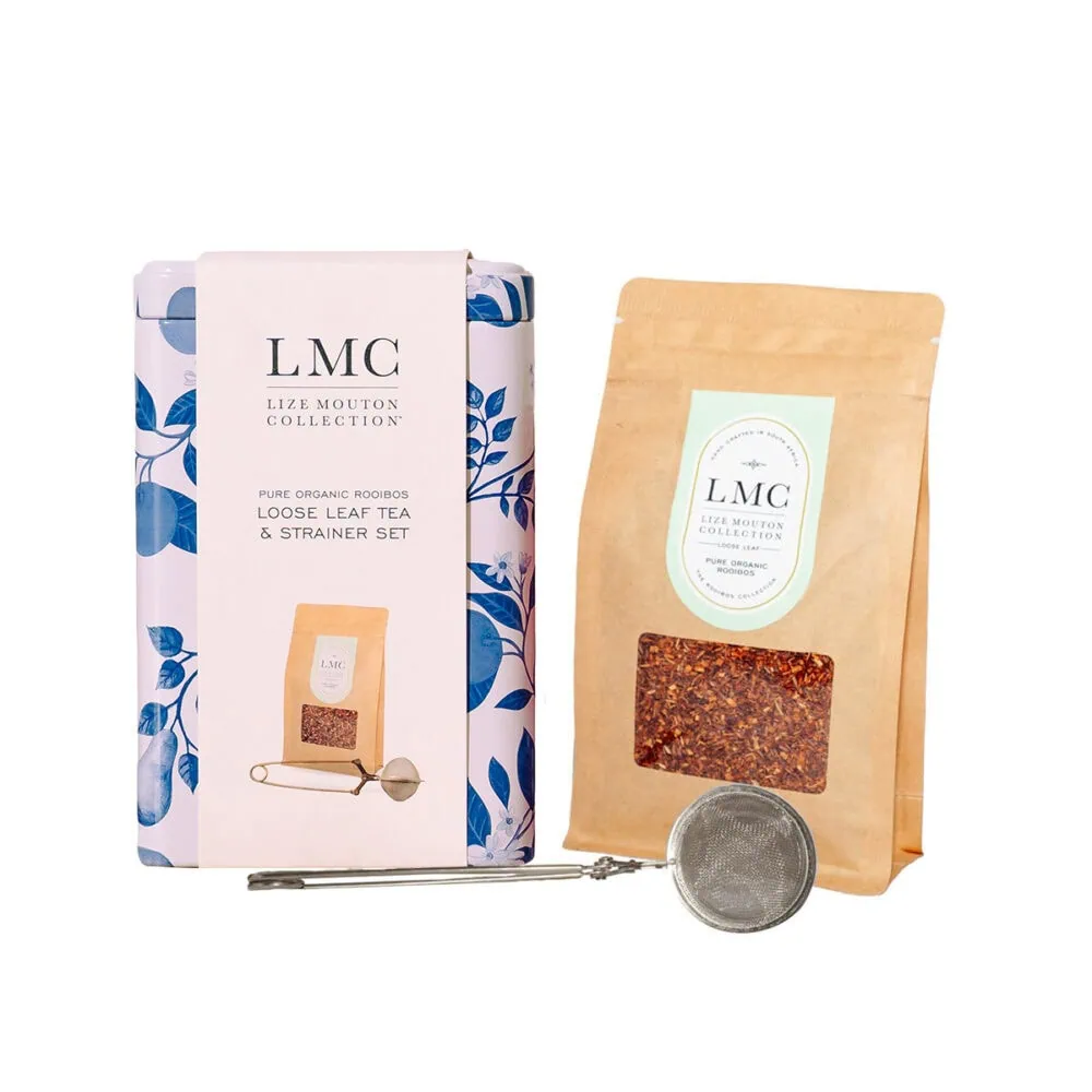High-quality Carmién Tea loose leaf tea and strainer set, featuring organic rooibos tea from South Africa, ideal for health-conscious tea lovers.