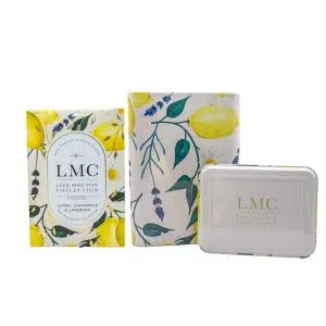 Assorted Carmién Tea packaging with lemon, chamomile, and lavender botanical designs and eco-friendly pyramid teabags.