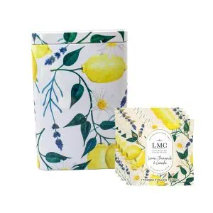 Bright yellow lemons, lavender sprigs, and chamomile flowers illustrated on eco-friendly packaging, showcasing Carmién Tea's herbal infusion products from South Africa.