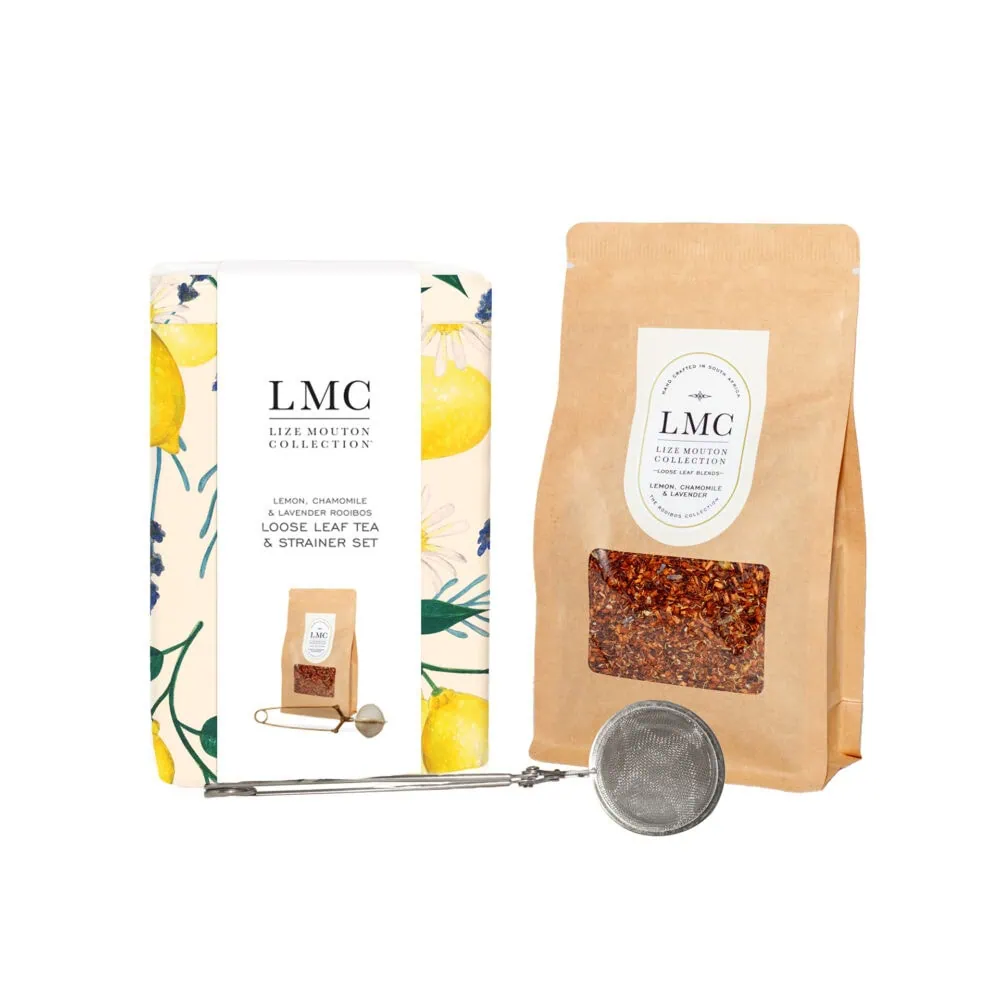 LMC Lemon & Lavender Rooibos Leaf Tea and Strainer Set, natural herbal tea blend, perfect for wellness and relaxation, eco-friendly packaging, authentic South African rooibos tea.
