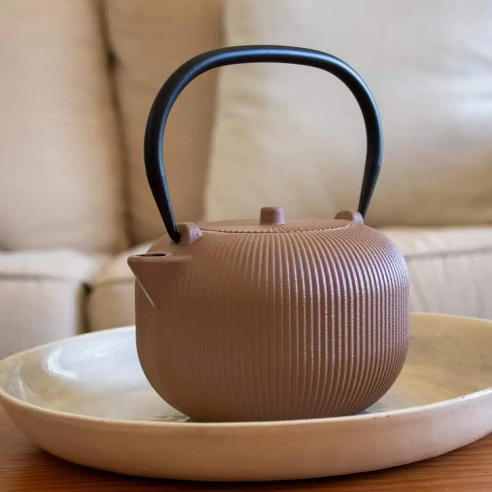 Elegant cast iron teapot with a sandstone finish, perfect for brewing traditional tea. Durable and stylish, ideal for tea lovers seeking quality and aesthetic appeal.
