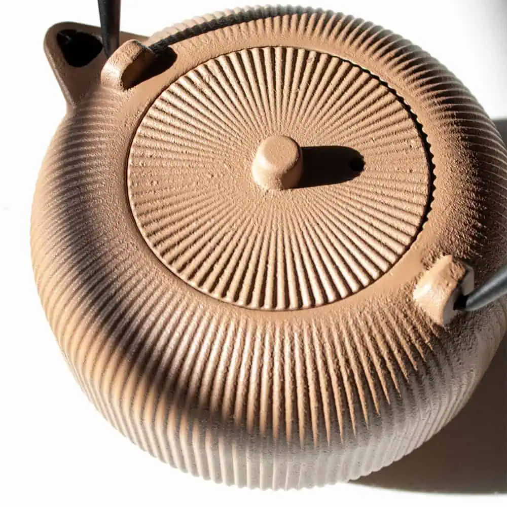 Elegant sandstone cast iron teapot with textured surface, perfect for brewing traditional herbal teas. Durable and stylish, ideal for tea lovers seeking quality and aesthetic appeal.
