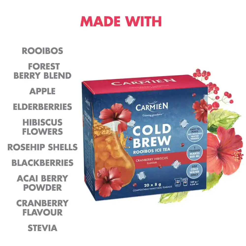 Carmién Cranberry Hibiscus Cold Brew Tea Pack with 20 x 8g teabags, featuring rooibos, berry blend, apple, elderberries, hibiscus flowers, rosehip shells, blackberries, acai berry powder, and stevia.