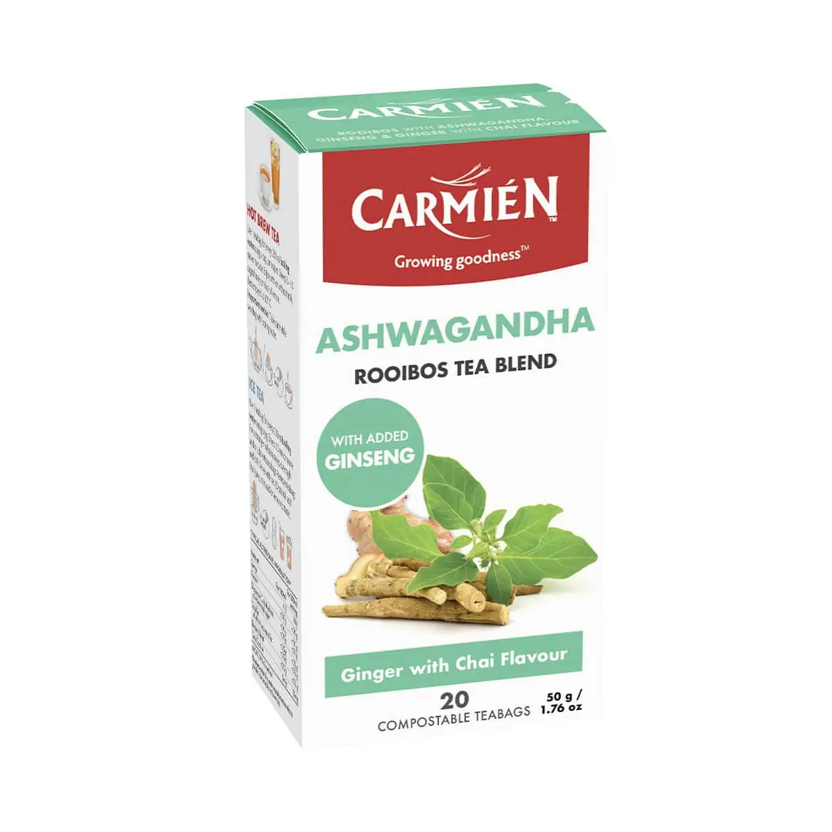 Organic Ashwagandha Rooibos tea blend with added ginseng and ginger for natural wellness. Perfect for soothing, energizing, and supporting overall health.