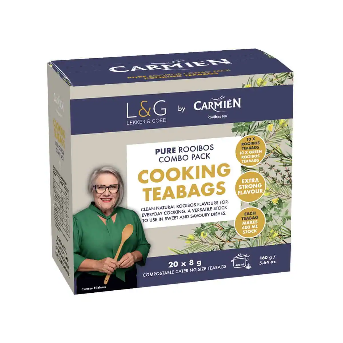 Pure Rooibos Combo Pack of 20 x 8g cooking teabags for authentic South African rooibos flavor. Perfect for everyday use, offering a natural, strong, and sweet taste in every cup.