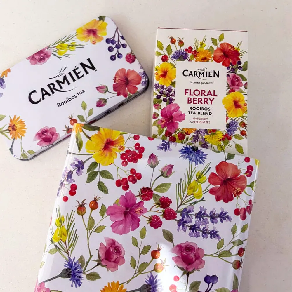 Carmién Floral Berry Tea Tin with vibrant berry and floral design, perfect for gifting or storing Carmién Rooibos tea blends.