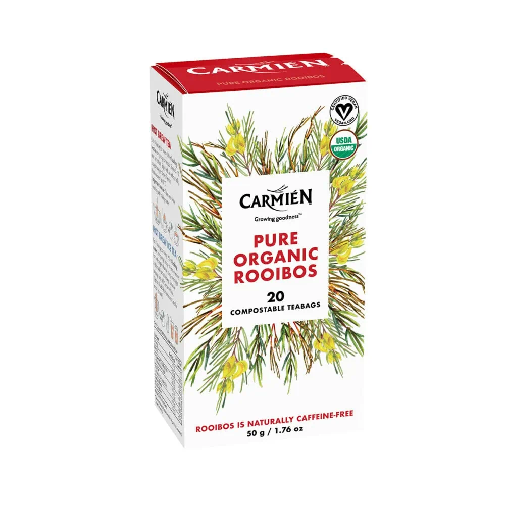 Organic Rooibos tea in eco-friendly pillow teabags, naturally caffeine-free and rich in antioxidants, perfect for a soothing, healthy beverage. Ideal for wellness and relaxation.