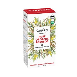 Organic Rooibos tea in eco-friendly pillow teabags, naturally caffeine-free and rich in antioxidants, perfect for a soothing, healthy beverage. Ideal for wellness and relaxation.