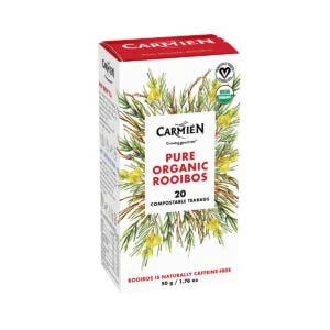 Organic Rooibos tea in eco-friendly pillow teabags, naturally caffeine-free and rich in antioxidants, perfect for a soothing, healthy beverage. Ideal for wellness and relaxation.