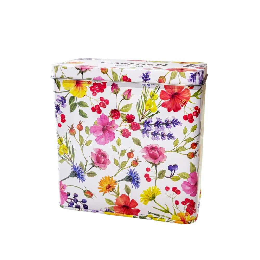 Elegant floral berry tea tin with vibrant colours and botanical design.
