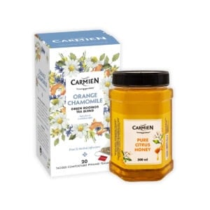 Rich orange chamomile tea with pure citrus honey, perfect for gifting. Includes 20 herbal tea bags and a jar of natural citrus honey, ideal for relaxing and wellness.