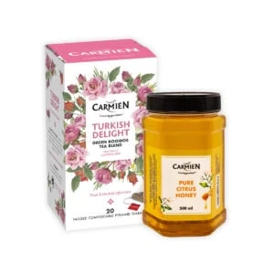 An image showcasing the Carmién Tea Turkish Delight Green Rooibos Tea and Pure Citrus Honey in a gift box, perfect for tea and honey lovers.