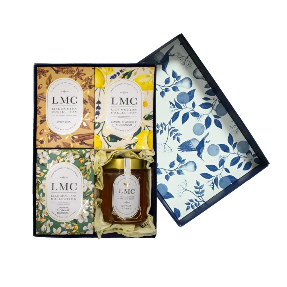 Elegant LMC Tea and Honey Gift Box with 3 x 20 Teabags, perfect for gifting. Includes a variety of herbal teas and honey, beautifully packaged for a luxurious tea experience.