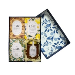Elegant LMC Tea and Honey Gift Box with 3 x 20 Teabags, perfect for gifting. Includes a variety of herbal teas and honey, beautifully packaged for a luxurious tea experience.