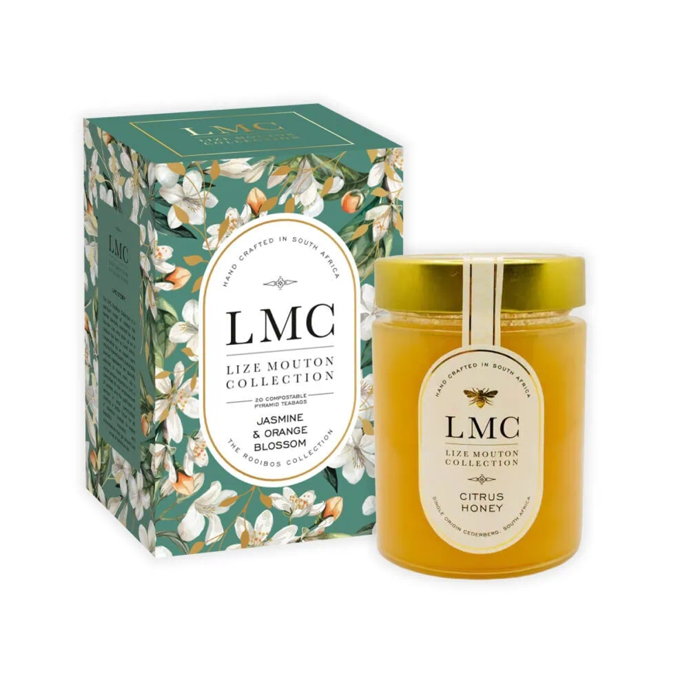 An elegant LMC Tea and Honey Gifting Combo featuring jasmine and orange blossom tea with citrus honey, perfect for gifting or enjoying a soothing tea experience.