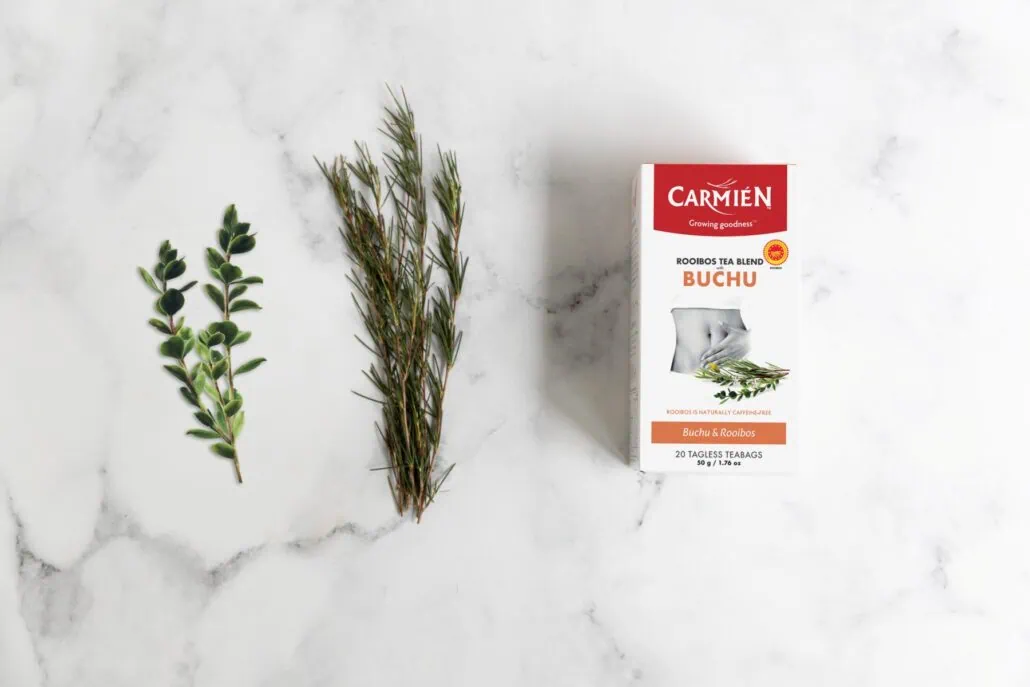Fresh buchu and rooibos herbs next to Carmién Buchu Tea box on marble surface, highlighting natural ingredients and health benefits.