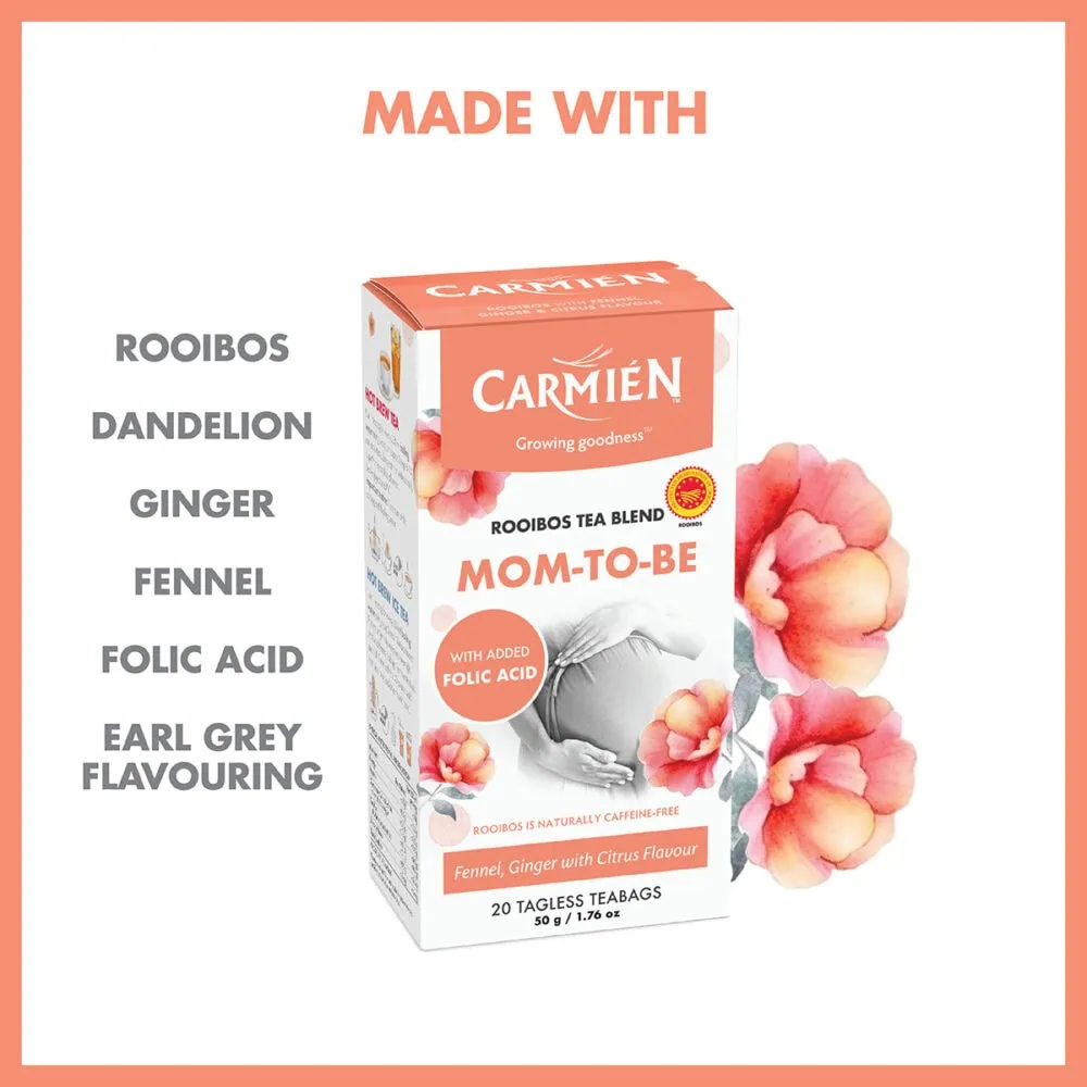 Carmién Mom-to-Be Rooibos tea blend box with floral design and natural ingredients listed.