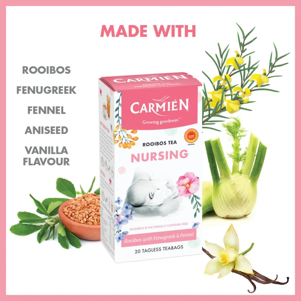 Carmién Rooibos Nursing Tea box with rooibos, fennel, and vanilla ingredients, surrounded by fresh herbs and flowers.