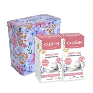 Carmién Nursing Tea and Tin Combo for Rooibos tea lovers, featuring two boxes of rooibos tea blends with added fennel and ginger, ideal for nursing support.