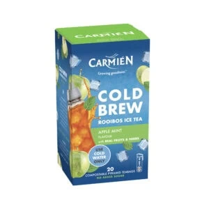 Carmién Cold Brew Rooibos Ice Tea box with apple mint flavor, featuring real fruits and herbs, ideal for e-commerce sales of rooibos teas.
