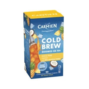 Carmién Cold Brew Rooibos Ice Tea box with coconut flavor, featuring coconut pieces and ice cubes, ideal for refreshing rooibos tea lovers.