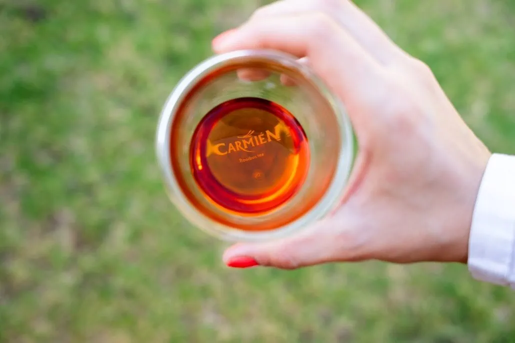 Close-up of a hand holding a glass of Carmién Rooibos tea outdoors, with the Carmién logo visible at the bottom of the glass.
